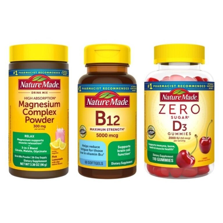 Three Nature Made supplements including Magnesium Complex Powder, B12 Maximum Strength Softgels, and Zero Sugar D3 Gummies.